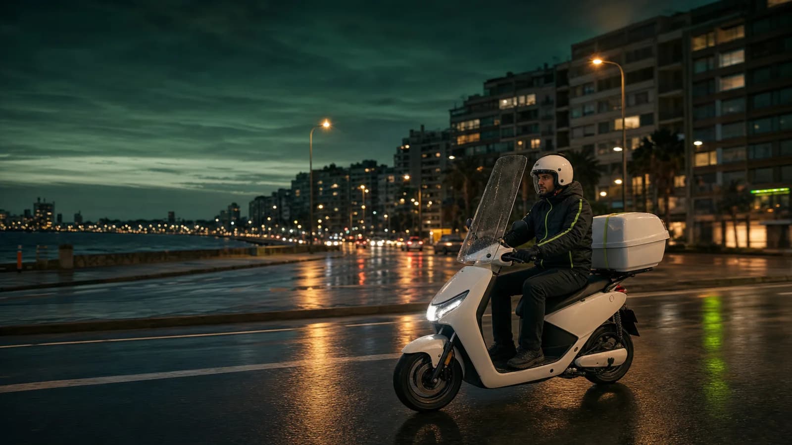 An electric delivery motorcycle on the Montevideo waterfront at dusk.