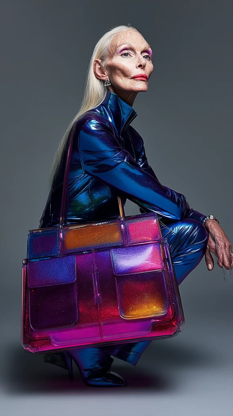 A seated campaign portrait in iridescent blue lacquer with a magenta and amber bag.