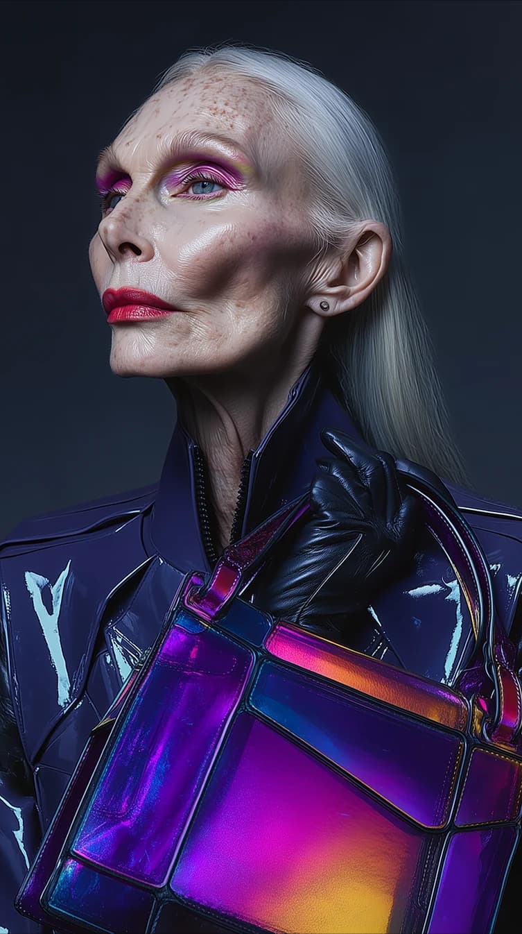 A close campaign portrait in indigo lacquer holding a violet iridescent bag.