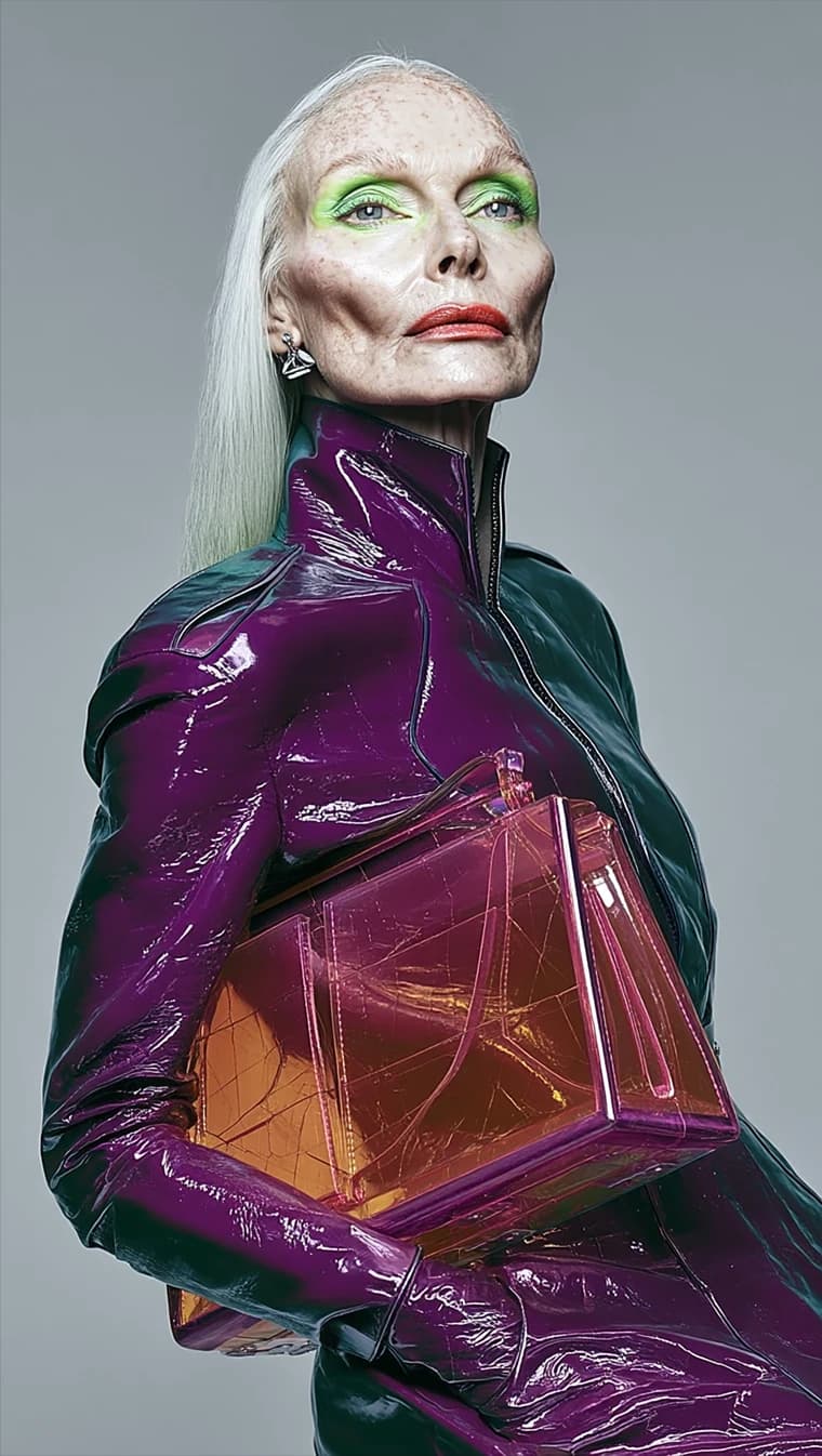 A close campaign portrait in a plum and forest lacquer coat holding an amber iridescent bag.