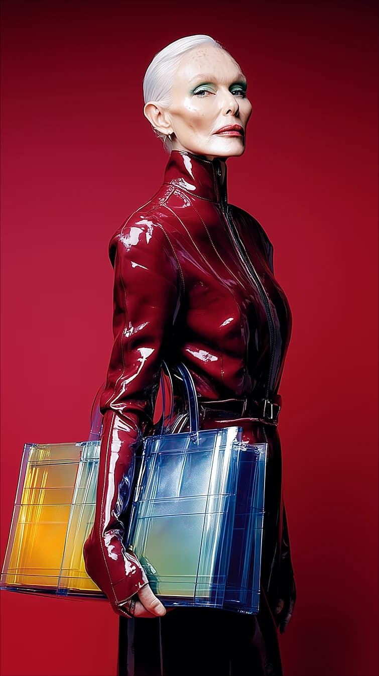 A campaign portrait in crimson lacquer holding two iridescent bags, from Prismata.