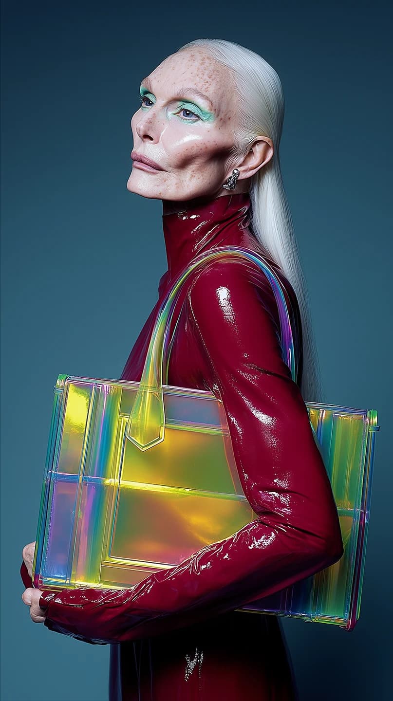 A campaign portrait in crimson lacquer holding an iridescent yellow tote.