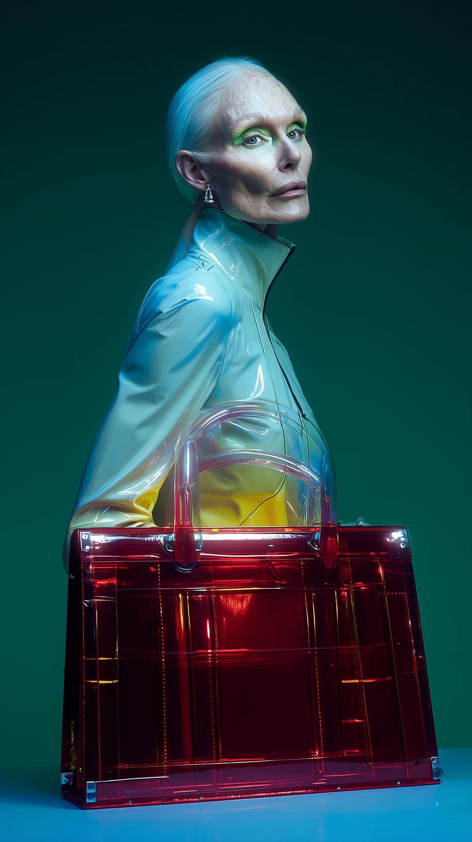 A campaign portrait with an iridescent red bag against a green backdrop.