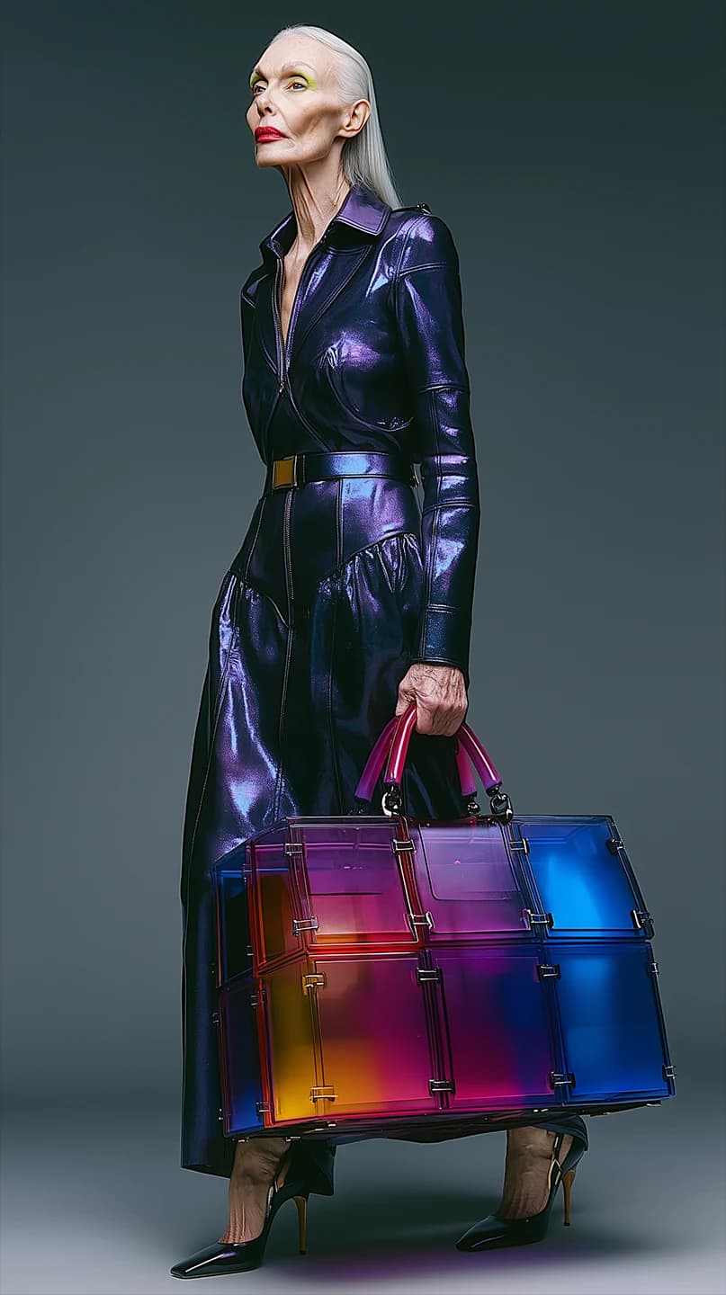 A campaign portrait in a violet lacquer coat holding a spectrum-colored bag.