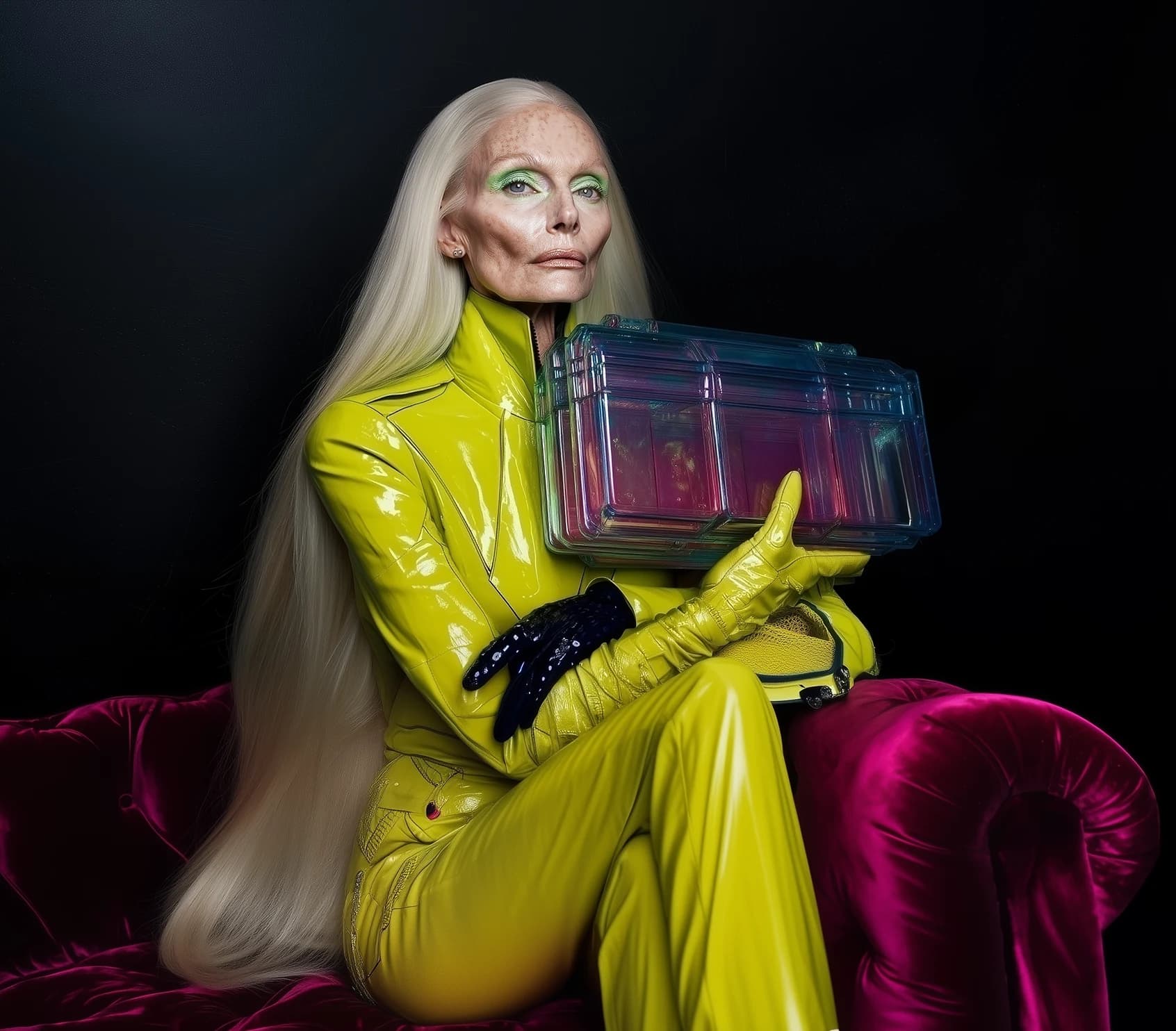 A campaign portrait in acid yellow latex holding an iridescent case, seated on a magenta velvet couch.