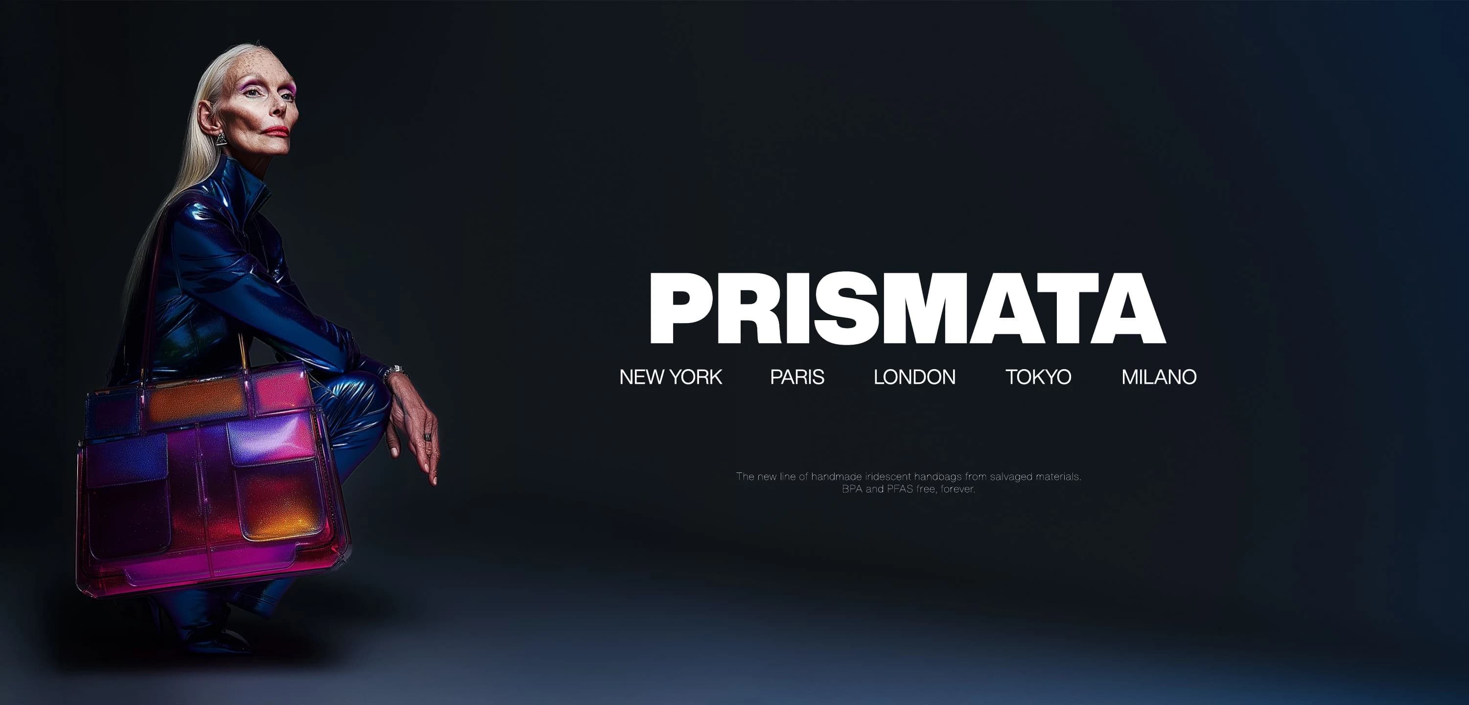 A campaign spread pairing a kneeling portrait in indigo lacquer holding a spectrum-colored bag with the Prismata wordmark and city list.