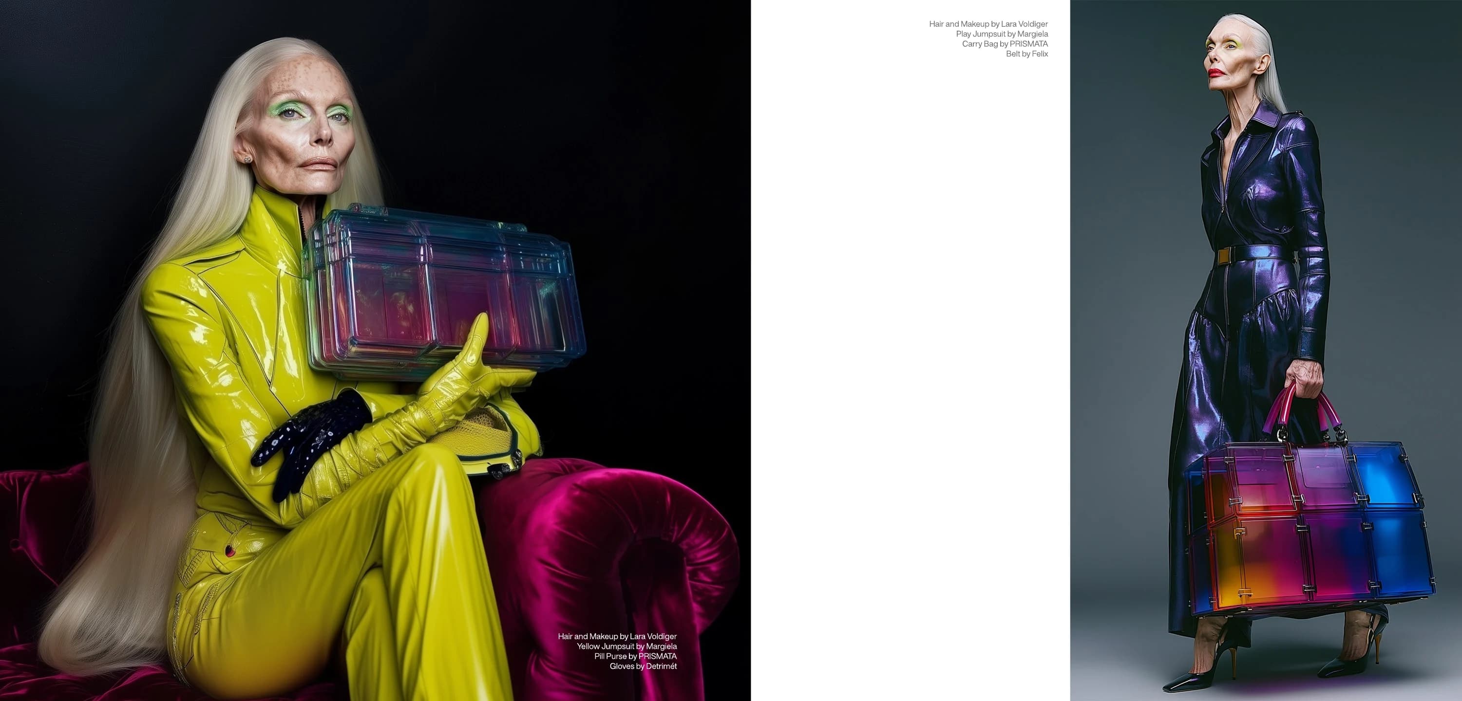 A campaign spread pairing an acid yellow portrait seated on a velvet couch with a violet lacquer portrait holding a spectrum-colored bag.