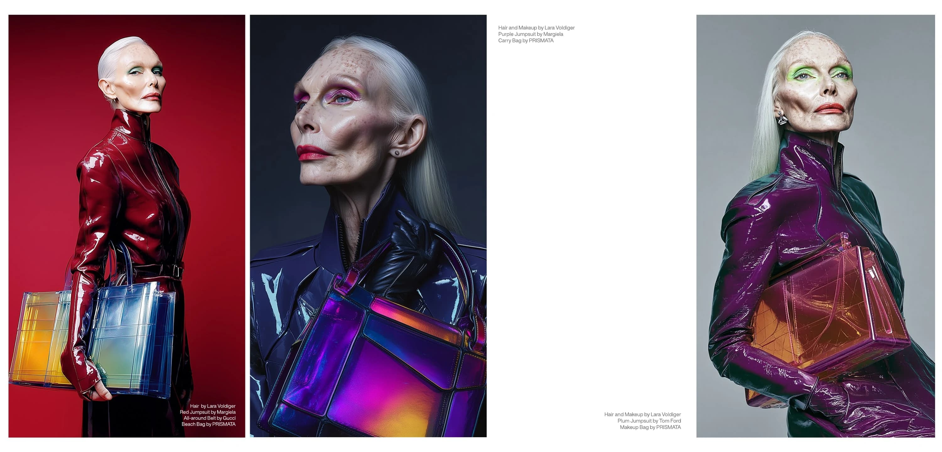 A three-part campaign spread moving from a crimson lacquer portrait through an indigo close portrait to a plum and forest lacquer portrait, each holding an iridescent bag.