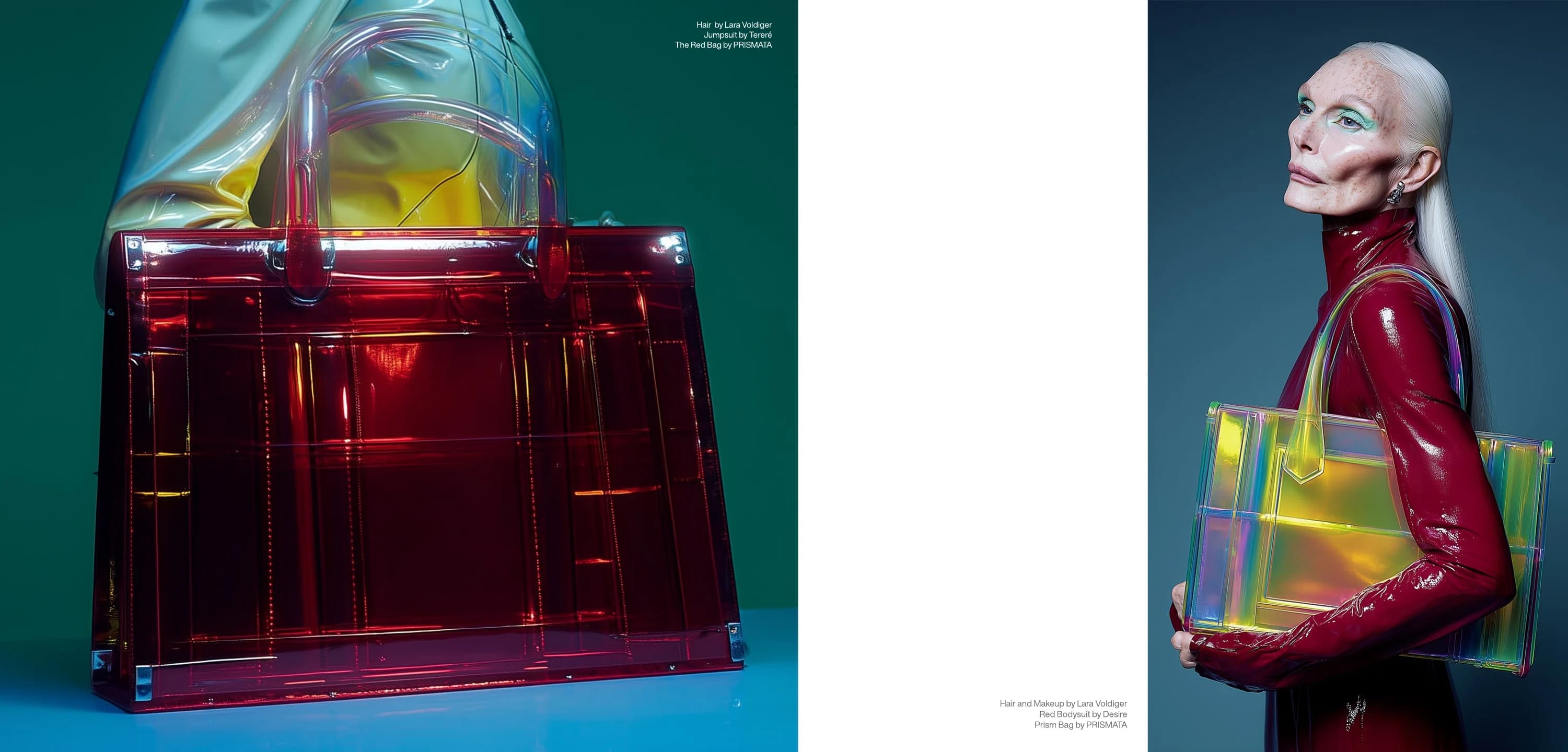 A campaign spread pairing a translucent red bag still life with a crimson lacquer portrait holding an iridescent bag.