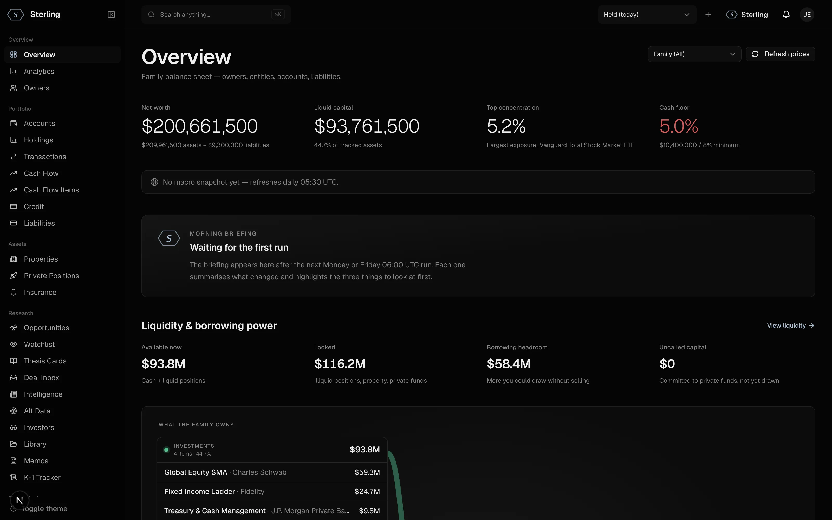 The Sterling family-office dashboard, showing a synthetic family's balance sheet.