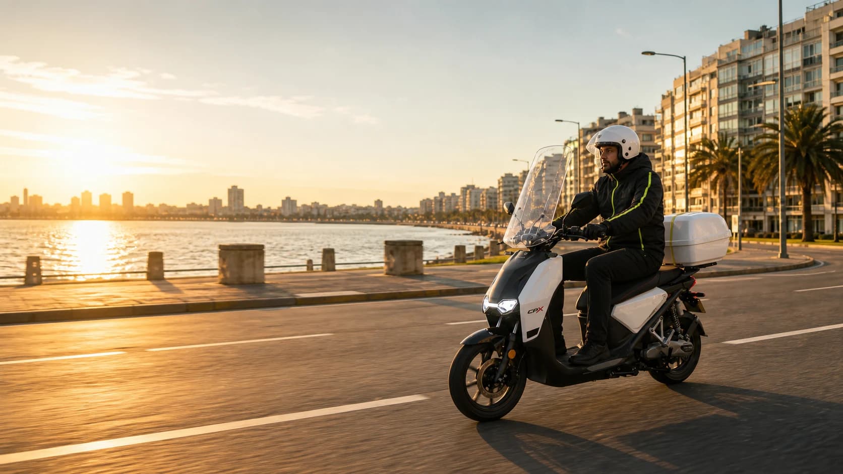 A delivery rider on the CPX along the rambla at golden hour, the Montevideo skyline behind.