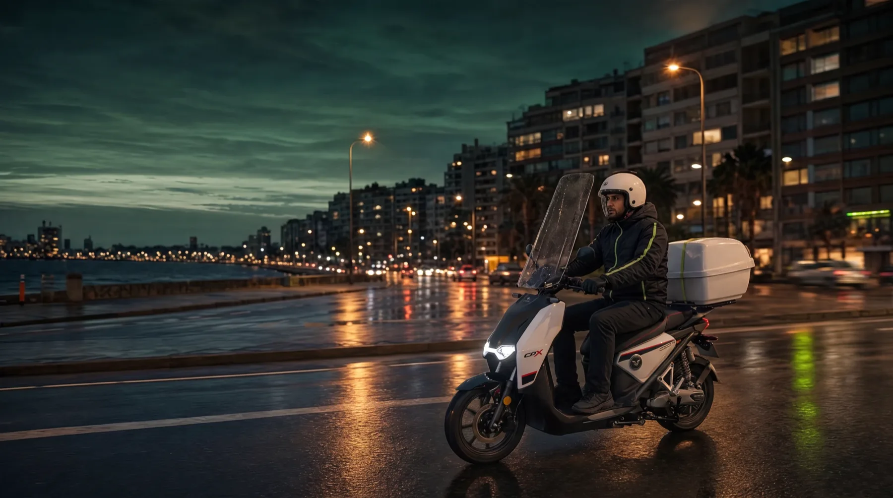A delivery rider on an electric CPX motorcycle along the Montevideo rambla at dusk.