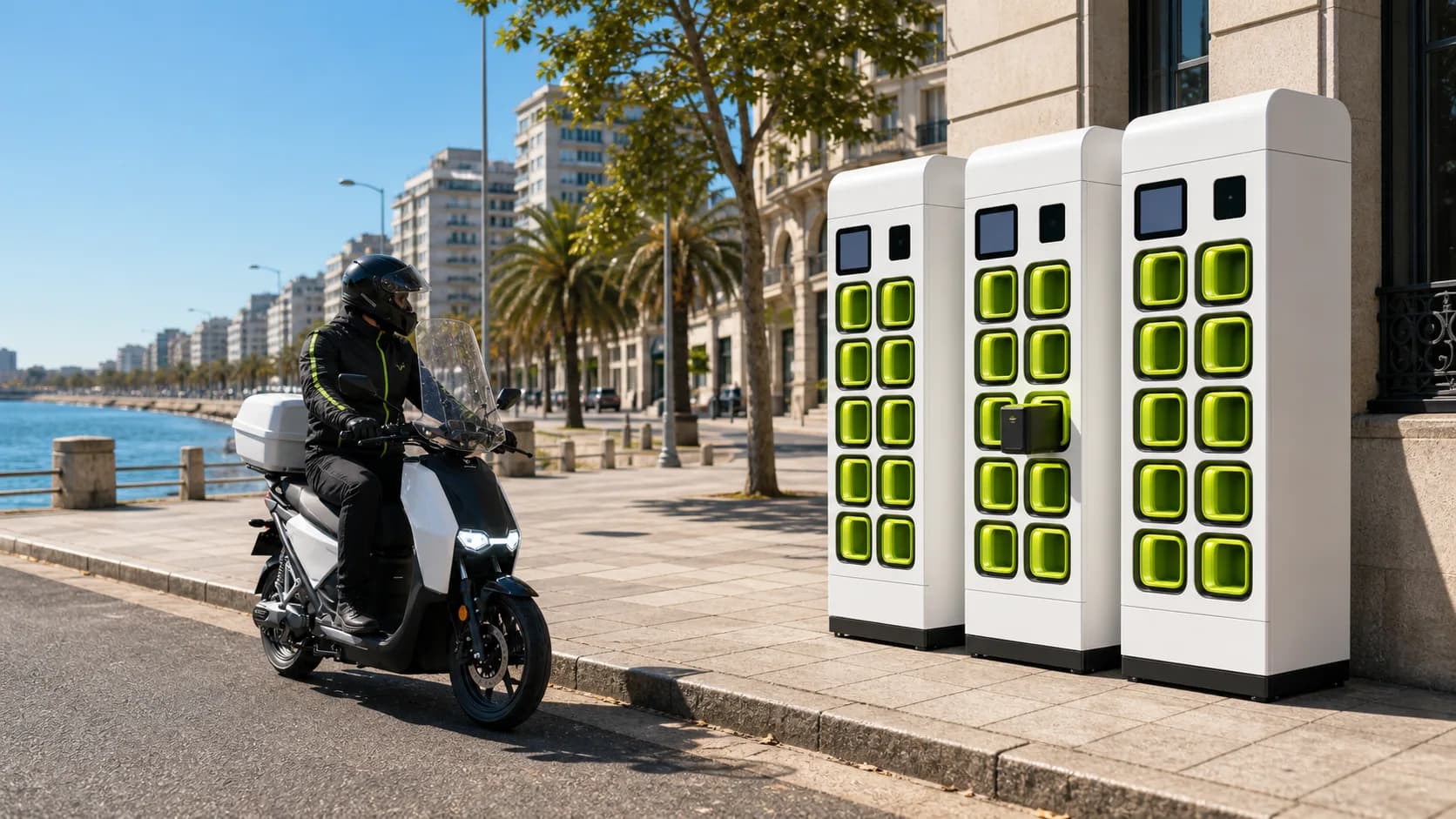 A rider on an electric motorcycle beside a row of white battery-swap cabinets on a sunny street.