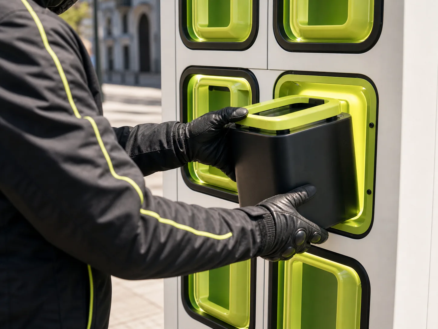 A rider's gloved hands sliding a battery into a lime-lit swap cabinet.