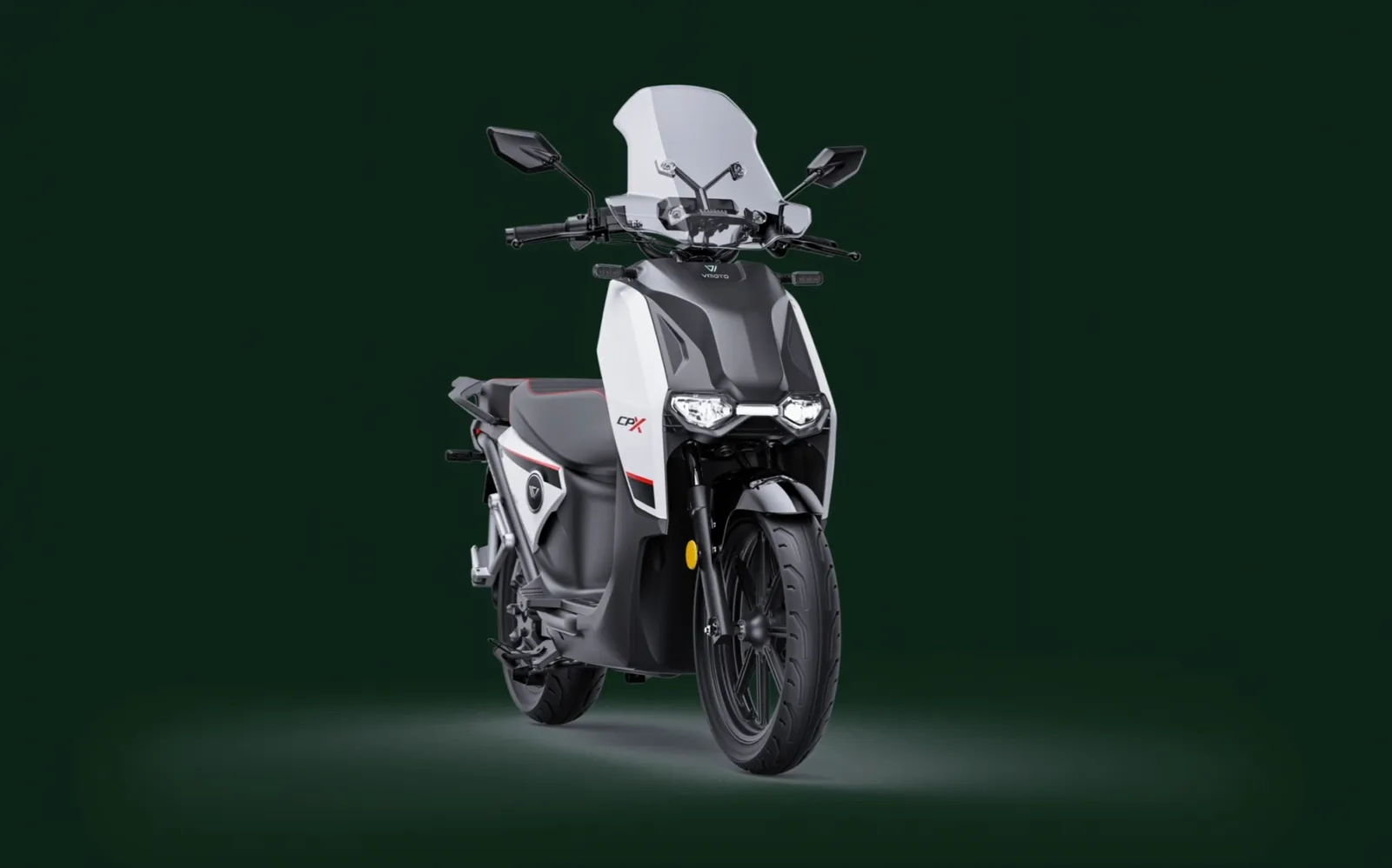 The Vmoto CPX electric motorcycle in studio light, facing forward.